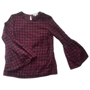 BeachLunchLounge Plaid Flannel‎ Bell Sleeve Blouse Black Red Ruffle Sleeve Boho